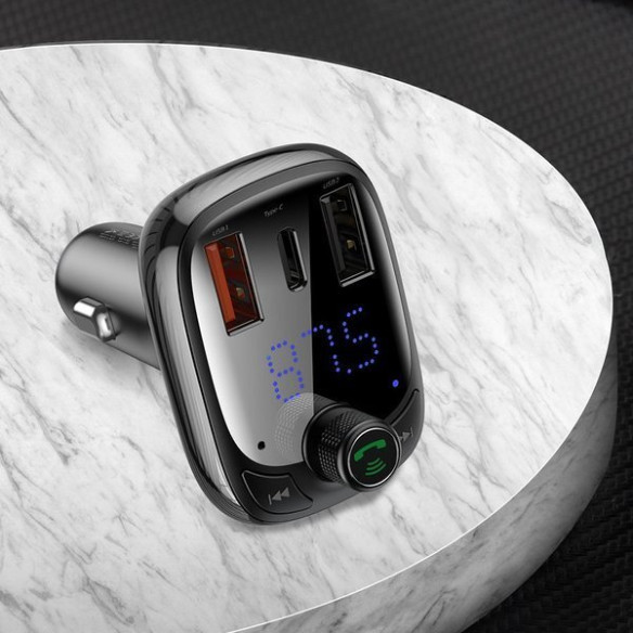 Baseus T typed PPS  | Transmiter FM bluetooth MP3 ładowarka samochodowa 2x USB + USB-C QC 3.0 PD 3.0 Huawei SCP 5A CCMT000101