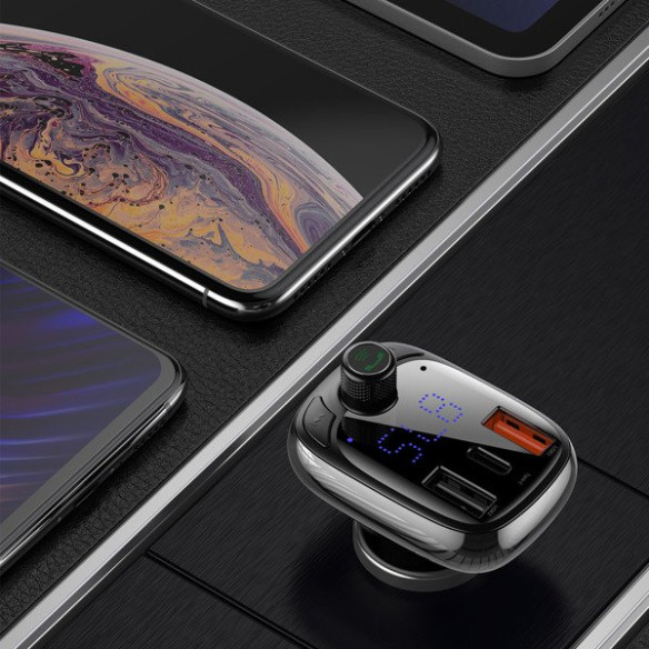 Baseus T typed PPS  | Transmiter FM bluetooth MP3 ładowarka samochodowa 2x USB + USB-C QC 3.0 PD 3.0 Huawei SCP 5A CCMT000101