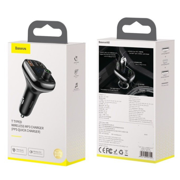 Baseus T typed PPS  | Transmiter FM bluetooth MP3 ładowarka samochodowa 2x USB + USB-C QC 3.0 PD 3.0 Huawei SCP 5A CCMT000101