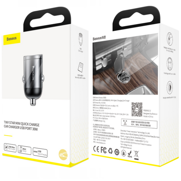 Baseus Tiny Star | Mini ładowarka samochodowa USB Quick Charge 3.0 Huawei Super Charge 5A 30W