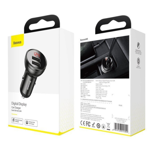 Baseus Digital Display | Szybka ładowarka samochodowa 2xUSB 4.8A 24W LCD