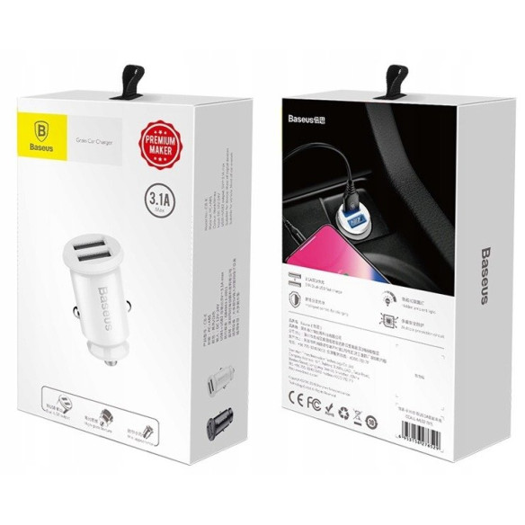 Baseus Grain | Mini ładowarka samochodowa 2x USB-A 3.1A