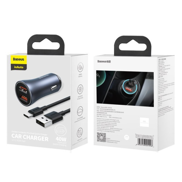 Baseus Golden Pro | Zestaw szybka ładowarka samochodowa 2xUSB 40W + kabel USB - Type-C 1m