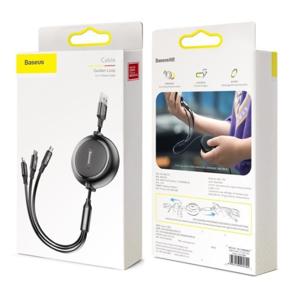 Baseus Golden Loop | Kabel 3w1 USB - Lightning Micro USB USB-C z regulacją długości