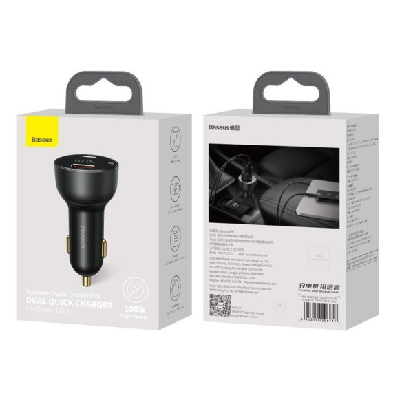 Baseus Superme Digital Display | Ładowarka samochodowa USB Type-C USB-C 100W Power Delivery 3.0 Quick Charge 4.0 SCP
