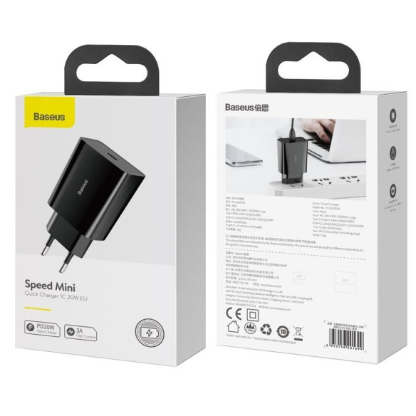 Baseus Speed Mini | Ładowarka sieciowa USB-C 20W Power Delivery QC 3.0