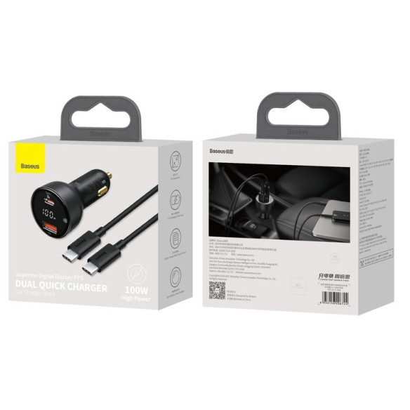 Baseus Superme | Szybka ładowarka samochodowa 100W USB-C USB z kablem USB-C