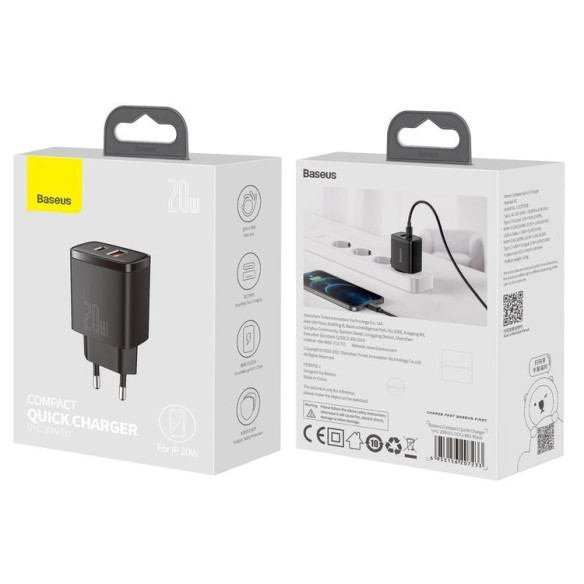 Baseus Compact | Ładowarka sieciowa USB USB-C 20W Power Delivery Quick Charge 3.0