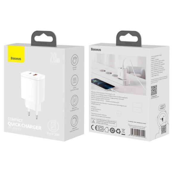 Baseus Compact | Ładowarka sieciowa USB USB-C 20W Power Delivery Quick Charge 3.0