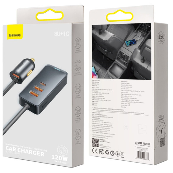 Baseus Share Together | Ładowarka samochodowa z rozgałęźnikiem 4x USB USB-C 120W Powe Delivery Quick Charge 4.0 