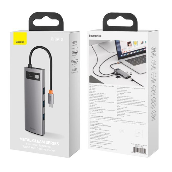 Baseus Metal Gleam Series 8-in-1 | Adapter HUB USB-C - HDMI 4K 3x USB3.0 USB-C RJ45 SD TF PD 100W