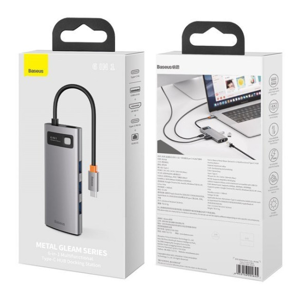Baseus Metal Gleam Series 6-in-1 | Adapter HUB USB-C - HDMI 4K 3x USB3.0 USB-C RJ45 PD 100W