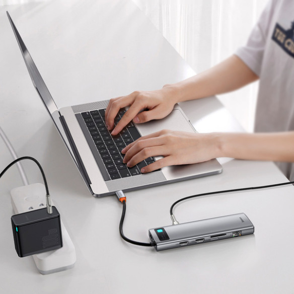 Baseus Metal Gleam 11w1 | Adapter HUB 11w1 USB-C do 2x HDMI, VGA, RJ45, Audio, 3x USB3.0, SD/TF, 100W