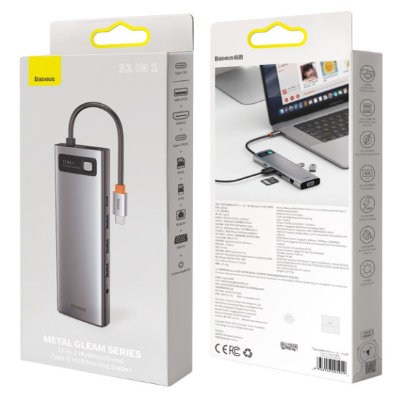 Baseus Metal Gleam 11w1 | Adapter HUB 11w1 USB-C do 2x HDMI, VGA, RJ45, Audio, 3x USB3.0, SD/TF, 100W