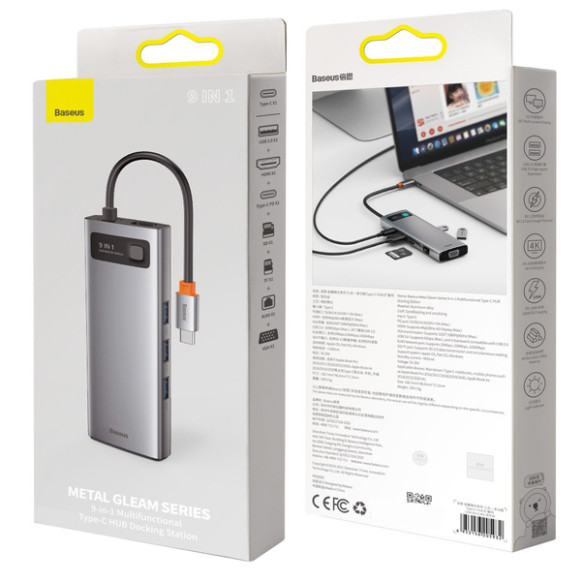 Baseus Metal Gleam 9w1 | Adapter HUB 9w1 USB-C do HDMI, VGA, RJ45, 3x USB3.0, SD/TF, 100W  