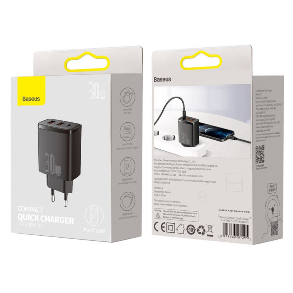 Baseus Compact 2U+C | Ładowarka sieciowa USB-C, 2x USB-A 30W PD QC3.0