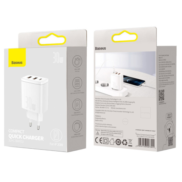 Baseus Compact 2U+C | Ładowarka sieciowa USB-C, 2x USB-A 30W PD QC3.0