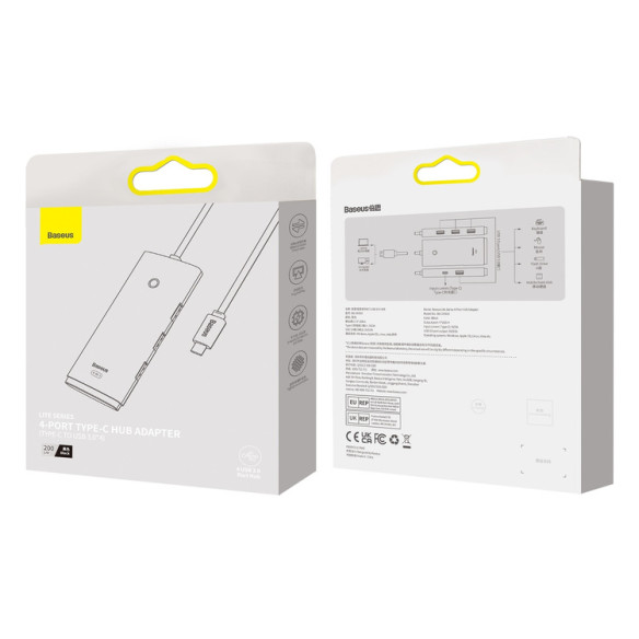 Baseus Lite Series 4-Port | HUB adapter OTG rozdzielacz USB-C do 4x USB-A 3.0, Z kablem 200cm
