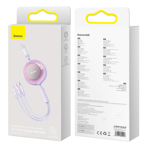 Baseus Bright Mirror 2 | Kabel z regulacją długości USB - Micro, USB-C, Lightning do iPhone 3.5A