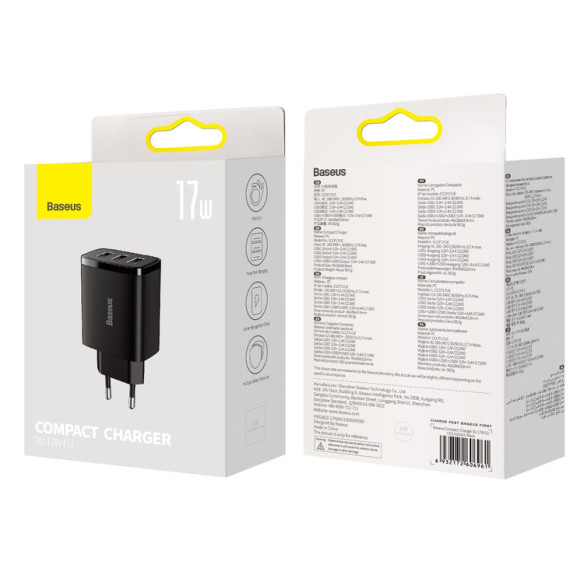 Baseus Compact | Ładowarka sieciowa zasilacz 3x USB-A 17W 
