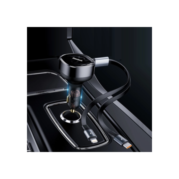 Baseus Enjoyment Retractable | Ładowarka samochodowa z kablem 2w1 USB-C, Lightning do iPhone 30W