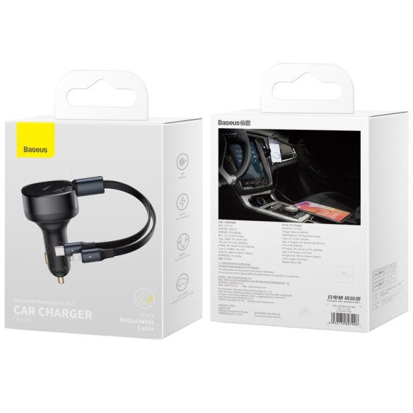 Baseus Enjoyment Retractable | Ładowarka samochodowa z kablem 2w1 USB-C, Lightning do iPhone 30W