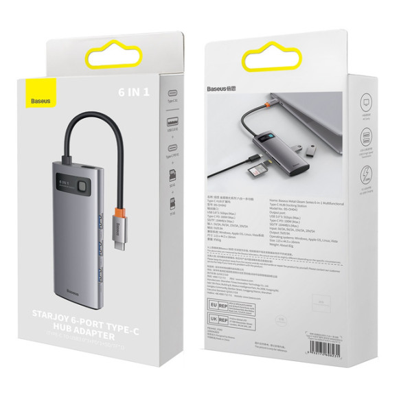 Baseus Metal Gleam 6w1 | Adapter HUB USB-C - 3x USB3.0, SD, TF PD 100W