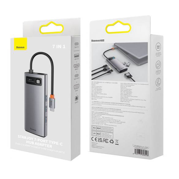 Baseus Metal Gleam 7w1 | Adapter HUB USB-C do 3x USB3.0, VGA, HDMI 4K, RJ45 100W PD 