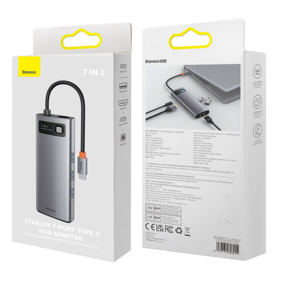 Baseus Metal Gleam 7w1 | Adapter HUB USB-C - 2x HDMI, 3x USB3.0, RJ45 100W