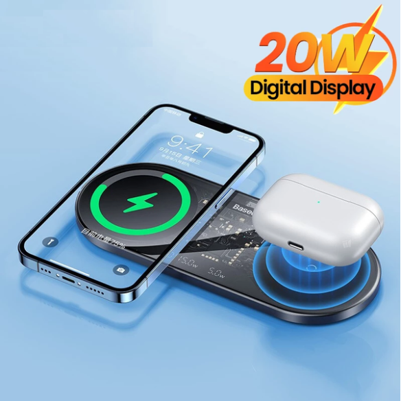 Baseus Digital LED Display 2in1 | Ładowarka indukcyjna 2w1 bezprzewodowa Qi 20W do telefonu, słuchawek