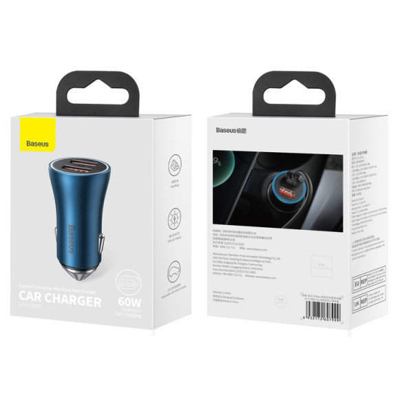 Baseus Golden Contactor Max | Ładowarka samochodowa 2xUSB Huawei FCP QC 3.0 Samsung AFC 60W