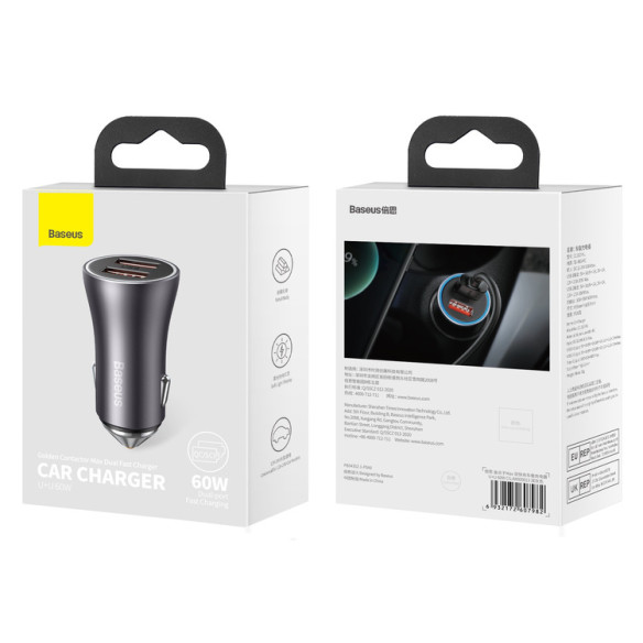 Baseus Golden Contactor Max | Ładowarka samochodowa 2xUSB Huawei FCP QC 3.0 Samsung AFC 60W