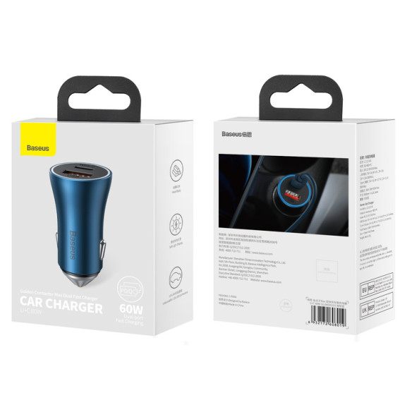 Baseus Golden Contactor Max | Ładowarka samochodowa USB USB-C QC 3.0 Samsung AFC 60W