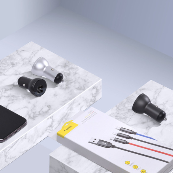 Baseus Digital Display | Szybka ładowarka samochodowa 2xUSB 4.8A 24W LCD + kabel 3w1