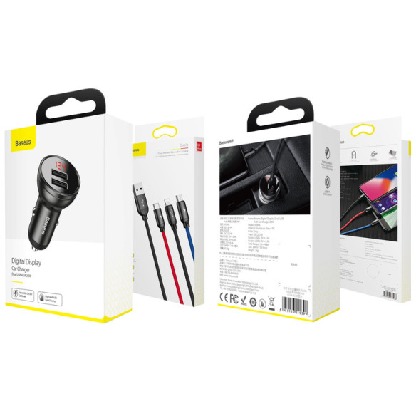 Baseus Digital Display | Szybka ładowarka samochodowa 2xUSB 4.8A 24W LCD + kabel 3w1