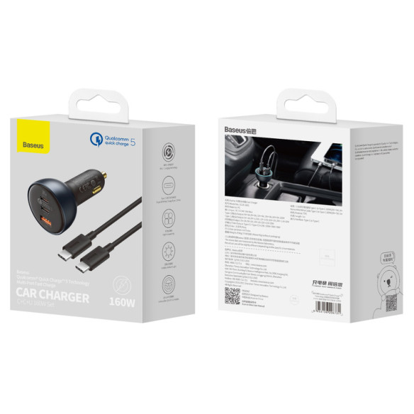 Baseus Qualcomm® Quick Charge™ 5 | Ładowarka samochodowa 2xUSB-C + USB 160W Qualcomm Quick Charge 5.0 PD 3.0 