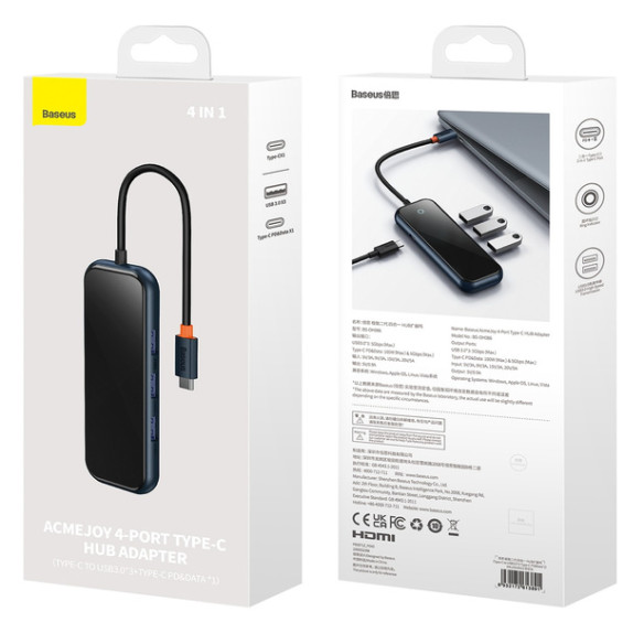 Baseus AcmeJoy 4-Port | HUB adapter rozdzielacz USB-C - USB 3.0 *3 14cm