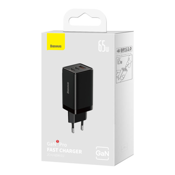 Baseus GaN5 Pro 2C+U  | Ładowarka sieciowa zasilacz 3x USB-A USB-C PD QC3.0 65W