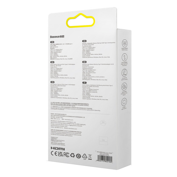 Baseus StarJoy 8-Port | Adapter HUB USB-C - HDMI/ 3*USB3.1/ RJ45/ SD/TF / PD 100W