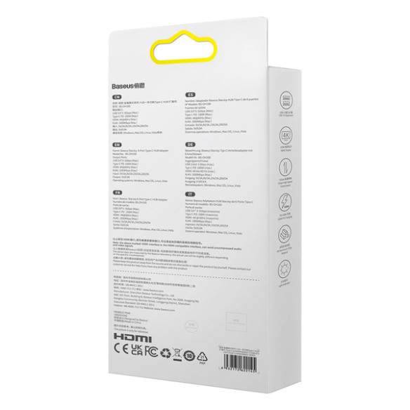 Baseus StarJoy 6-Port | Adapter HUB USB-C - HDMI/ 3*USB3.0/ RJ45/ PD 100W