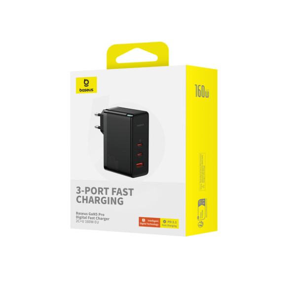 Baseus GaN5 Pro | Ładowarka sieciowa zasilacz 3x USB-C USB-A 160W Power Delivery 3.0 QC 4.0 Huawei SCP FCP AFC PPS + kabel
