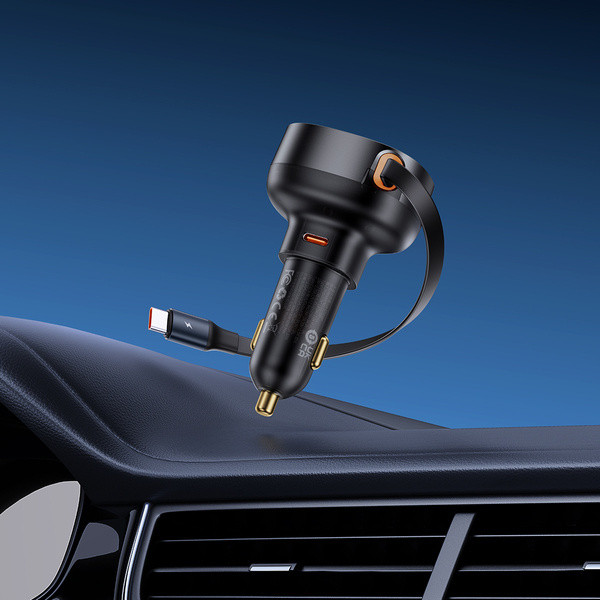 Baseus Enjoyment Retractable Pro | Ładowarka samochodowa z kablem USB-C i portem Typ-C QC PD AFC 60W