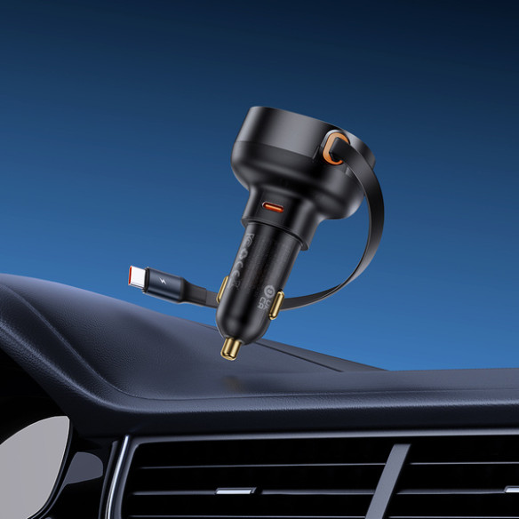 Baseus Enjoyment Retractable Pro | Ładowarka samochodowa z kablem USB-C i portem Typ-C QC PD AFC 60W