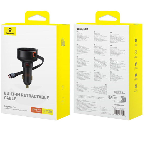 Baseus Enjoyment Retractable Pro | Ładowarka samochodowa z kablem USB-C i portem Typ-C QC PD AFC 60W