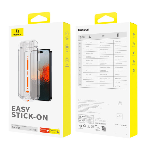 Baseus Sapphire P60057504203-00 | Szkło hartowane ochronne pełne 9H do Apple iPhone 15 / iPhone 16 + aplikator