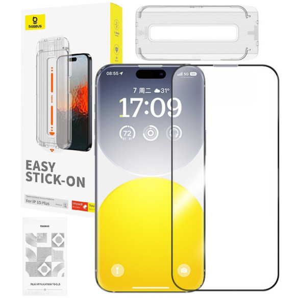 Baseus Sapphire P60057504203-02 | Szkło hartowane ochronne pełne 9H do Apple iPhone 15 Plus + aplikator