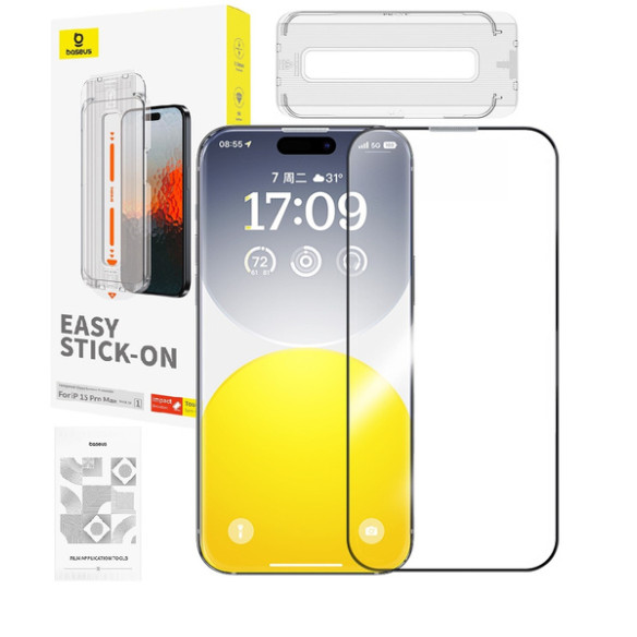 Baseus Sapphire P60057504203-03 | Szkło hartowane ochronne pełne 9H do Apple iPhone 15 Pro Max + aplikator