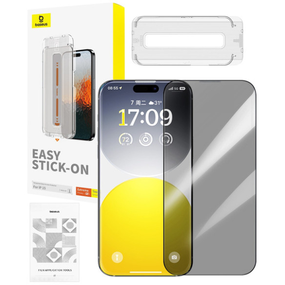 Baseus Sapphire P60057505203-00 | Szkło hartowane prywatyzujące ochronne pełne 9H do Apple iPhone 15 / iPhone 16 + aplikator