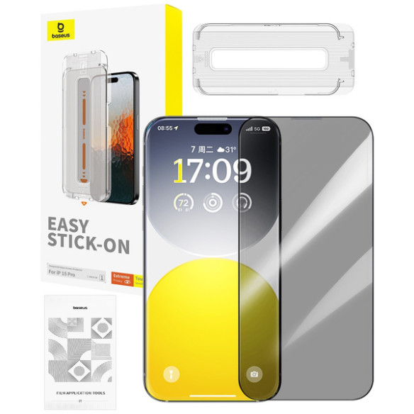 Baseus Sapphire P60057505203-01 | Szkło hartowane prywatyzujące ochronne pełne 9H do Apple iPhone 15 Pro + aplikator