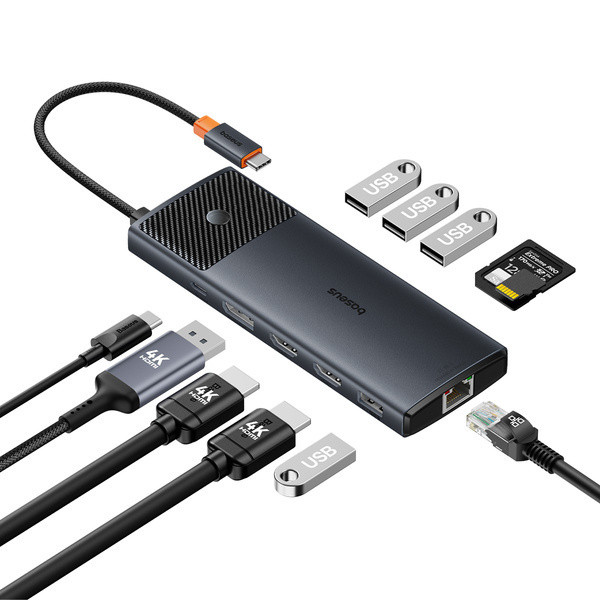 Baseus Metal Gleam II 11w1 | Adapter HUB 10w1 USB-C do 2x HDMI 4K, Display Port 4K, RJ45, 2x USB3.0, 2x USB2.0, SD/TF, Typ-C PD 